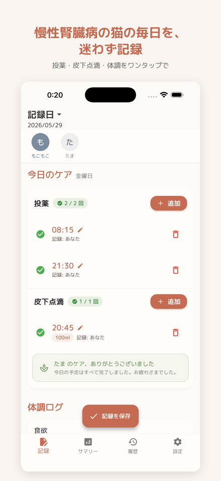 今日のケア画面：投薬・皮下点滴の記録